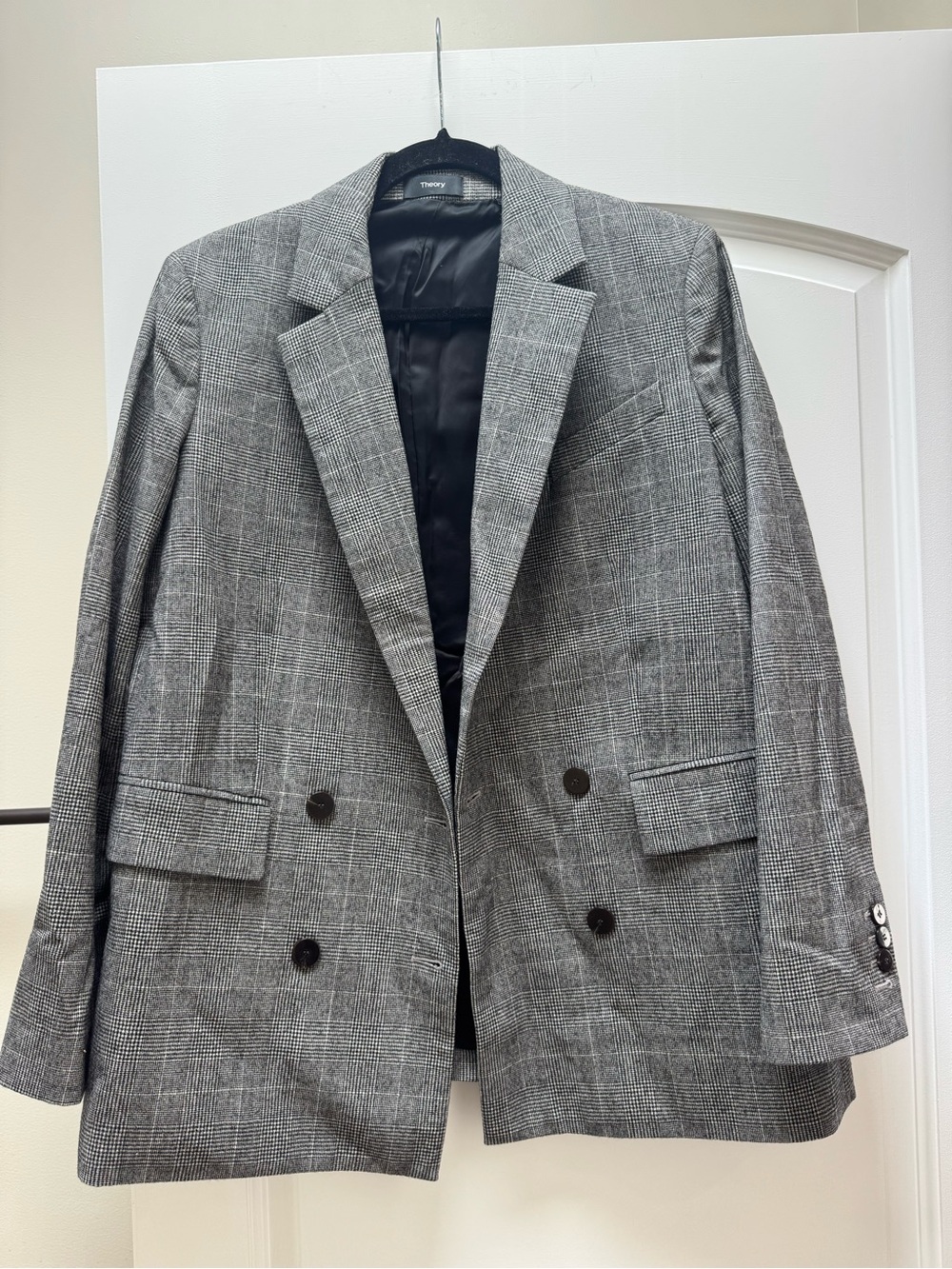 Theory Wales Flannel Plaid Double Breasted Wool Blazer Size 8